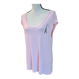 Betsey Johnson Womens Short Sleeve Top Pink Eiffel Tower Scoop Neck Tee L